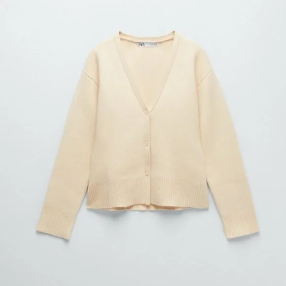 Zara Knit Ribbed Boxy Cardigan Jacket Cream Size Small - Picture 3 of 7